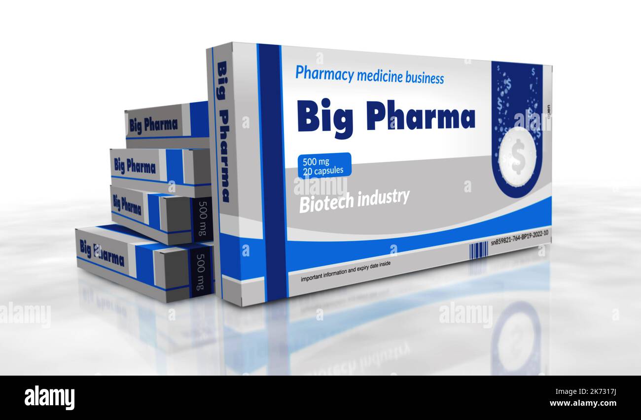 Big Pharma, medicine and healthcare business box production line. Pharmaceutical industry pack factory. Abstract concept 3d rendering illustration. Stock Photo