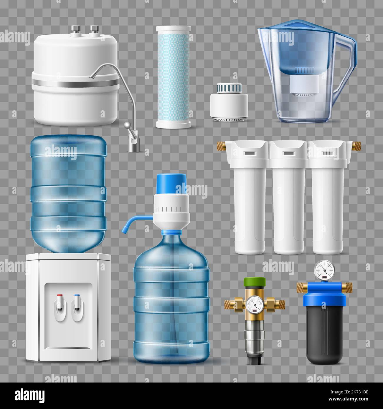 Realistic water filters. Different home drinking water treatment