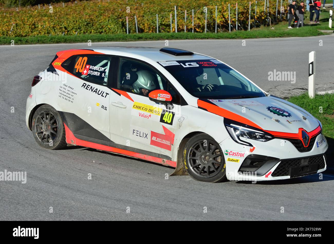 CHALAIS, SWITZERLAND - OCTOBER 15:  Studer and Rossetti in their Renault Clio driving the in the International Rally du Valais:  October 15, 2022 in C Stock Photo