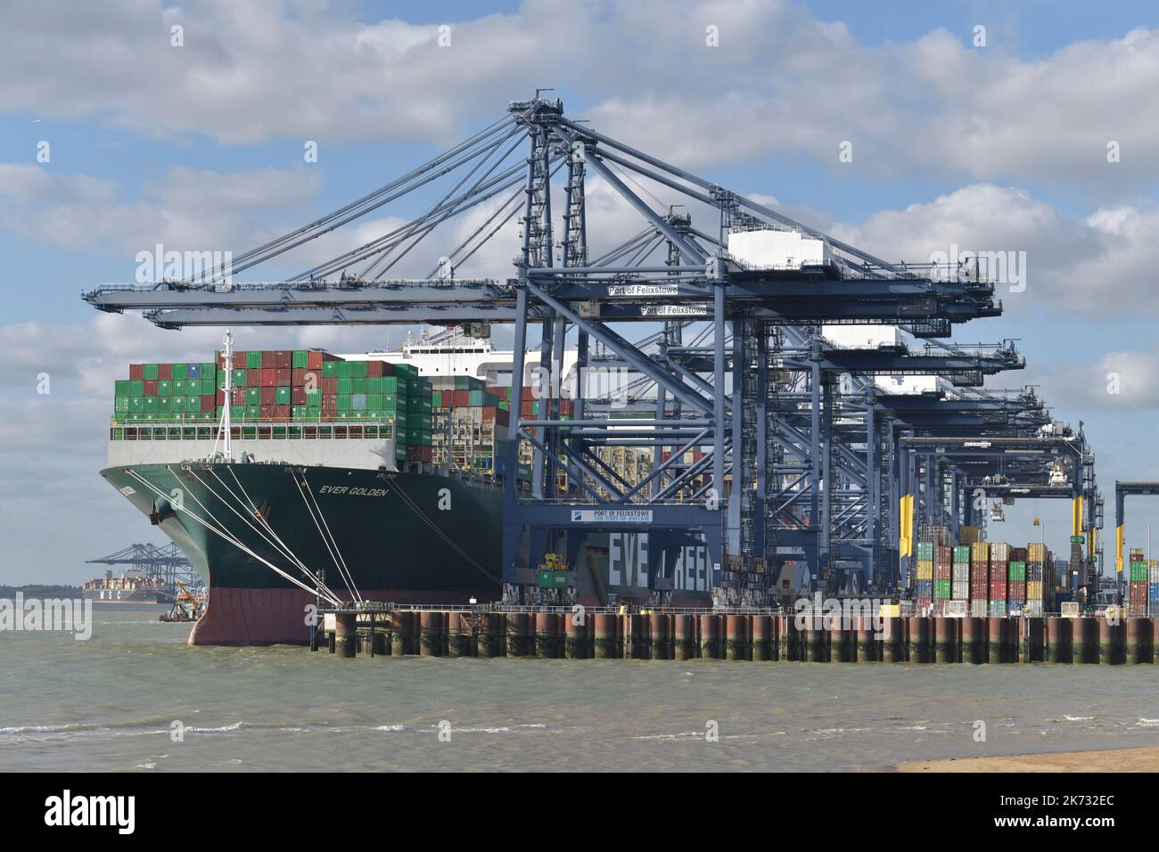 ocean going container vessel in harbour at felixtowe docks felixstowe suffolk england Stock Photo