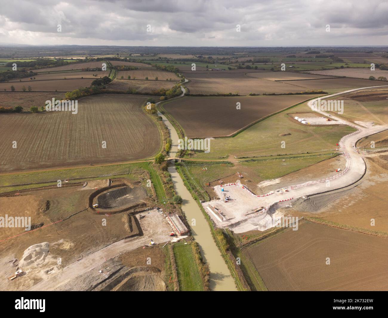 HS2 high speed rail network construction site aerial photo.Warwickshire. England. Stock Photo