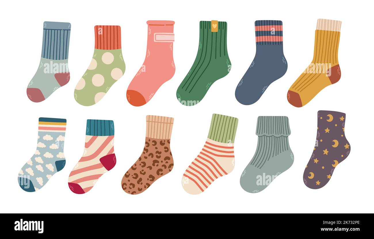 Collection of trendy cotton and woolen socks with different textures ...