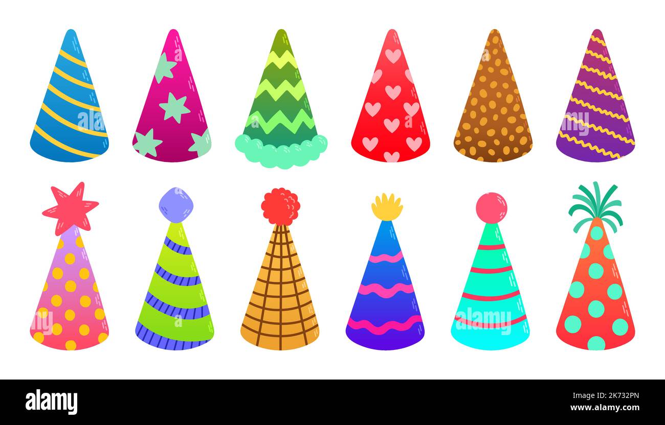 Birthday party hats set, different colors and shapes vector Stock Vector
