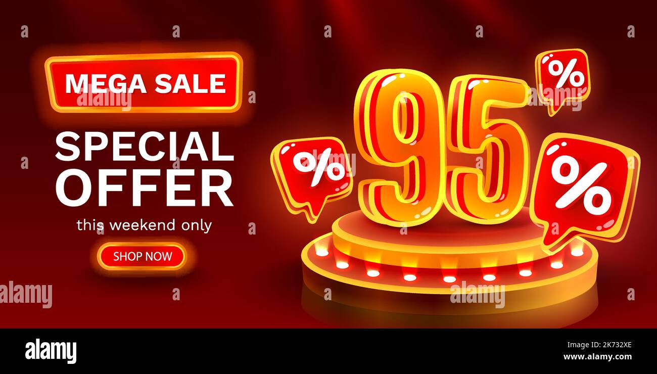 Mega sale special offer, Neon 95 off sale banner. Sign board promotion