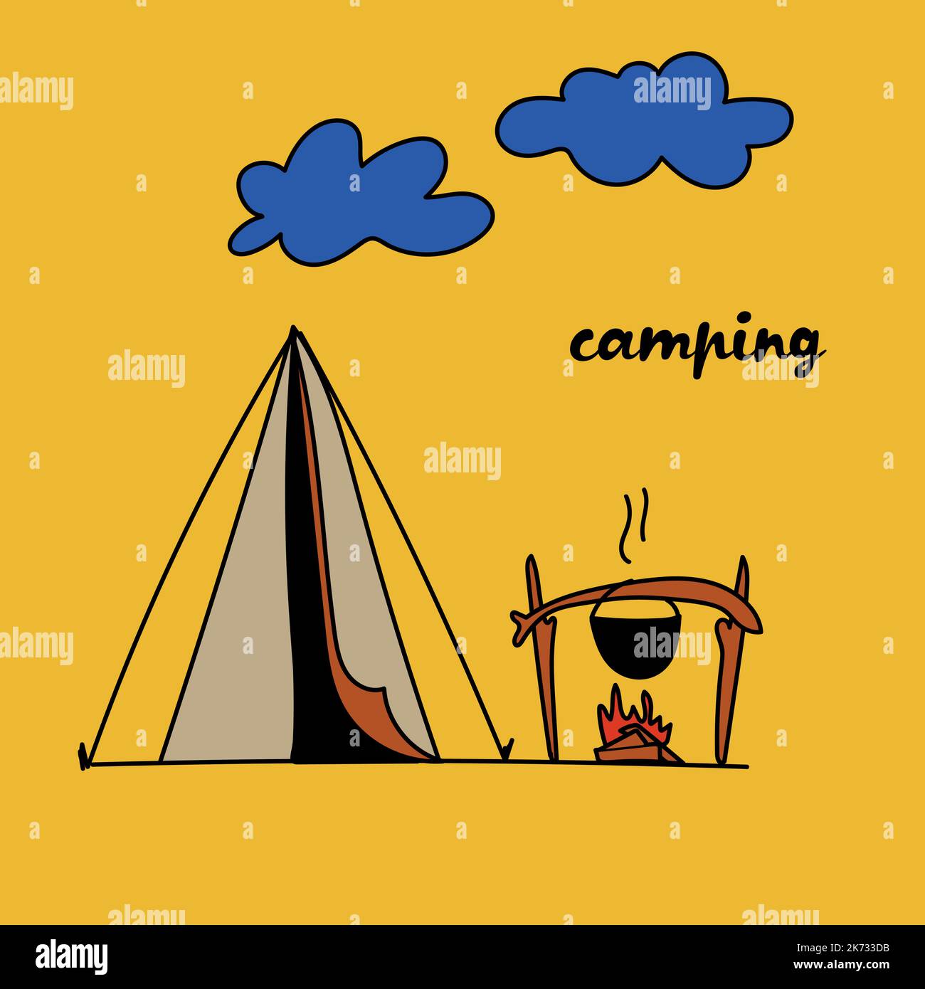 cute postcard, camping with tent campfire pot Stock Vector
