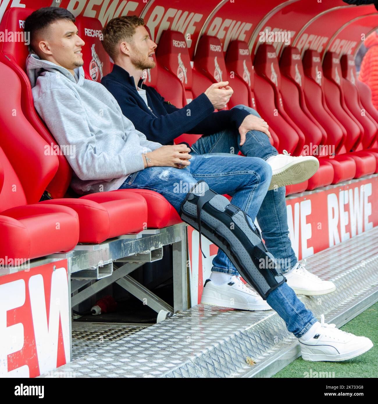 Cologne, North Rhine-Westphalia, Germany. 16th Oct, 2022. Injured FC Cologne midfielder DEJAN LJUBICIC (7, left) sits on the bench before the FC Cologne vs. FC Augsburg Bundesliga match at the RheinEnergieStadion in Cologne, Germany on October 16, 2022. (Credit Image: © Kai Dambach/ZUMA Press Wire) Stock Photo