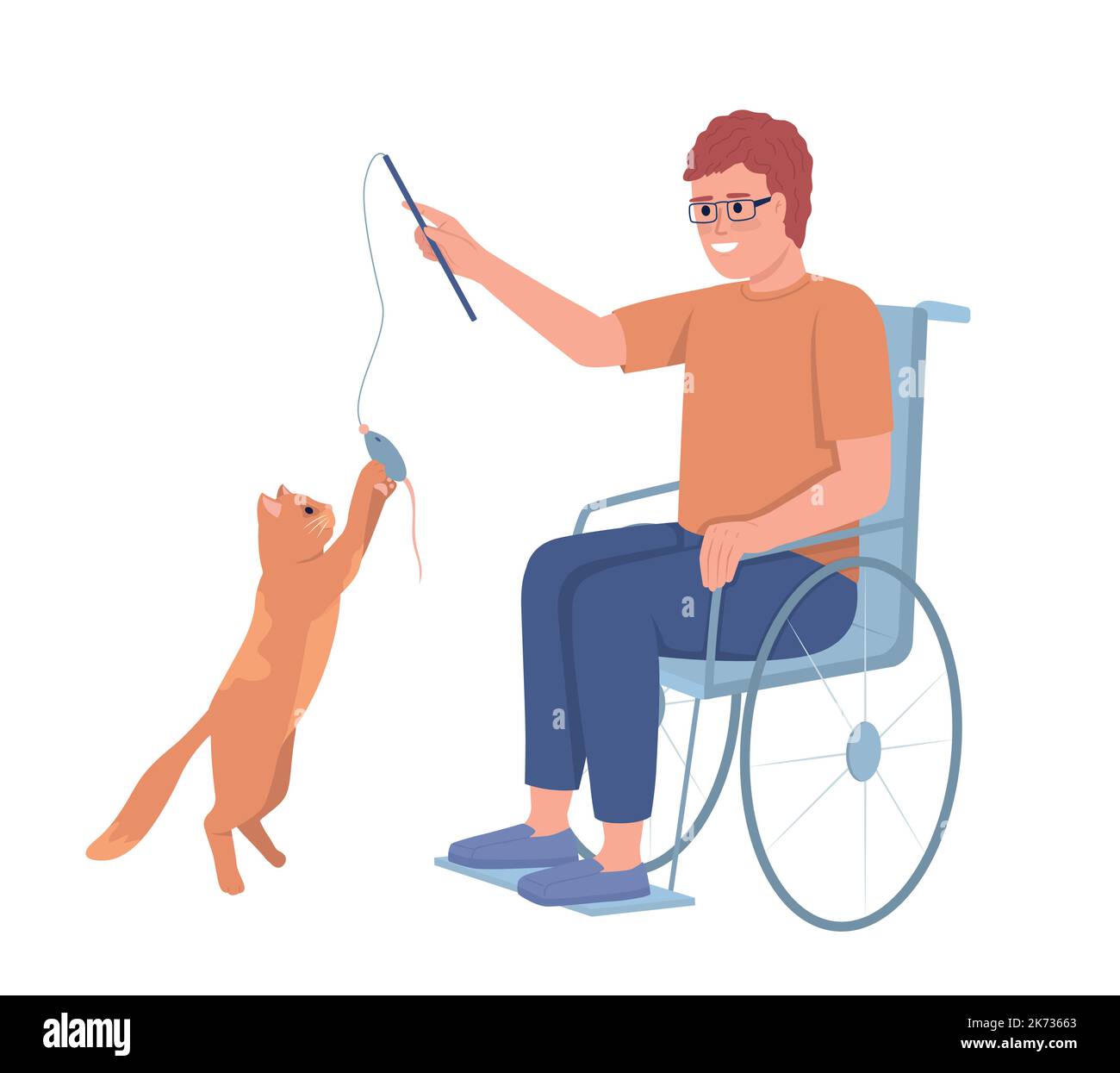 Disabled man playing with his cat semi flat color vector characters Stock Vector