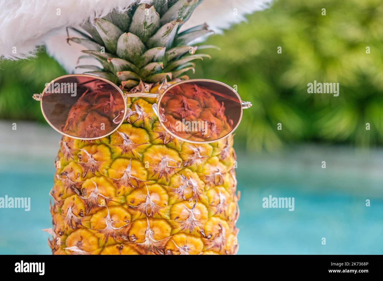 Funny pineapple wearing sunglasses and Santa Claus hat against pool and tropical plants in sunny weather in tropics. Christmas in tropics. Winter Stock Photo