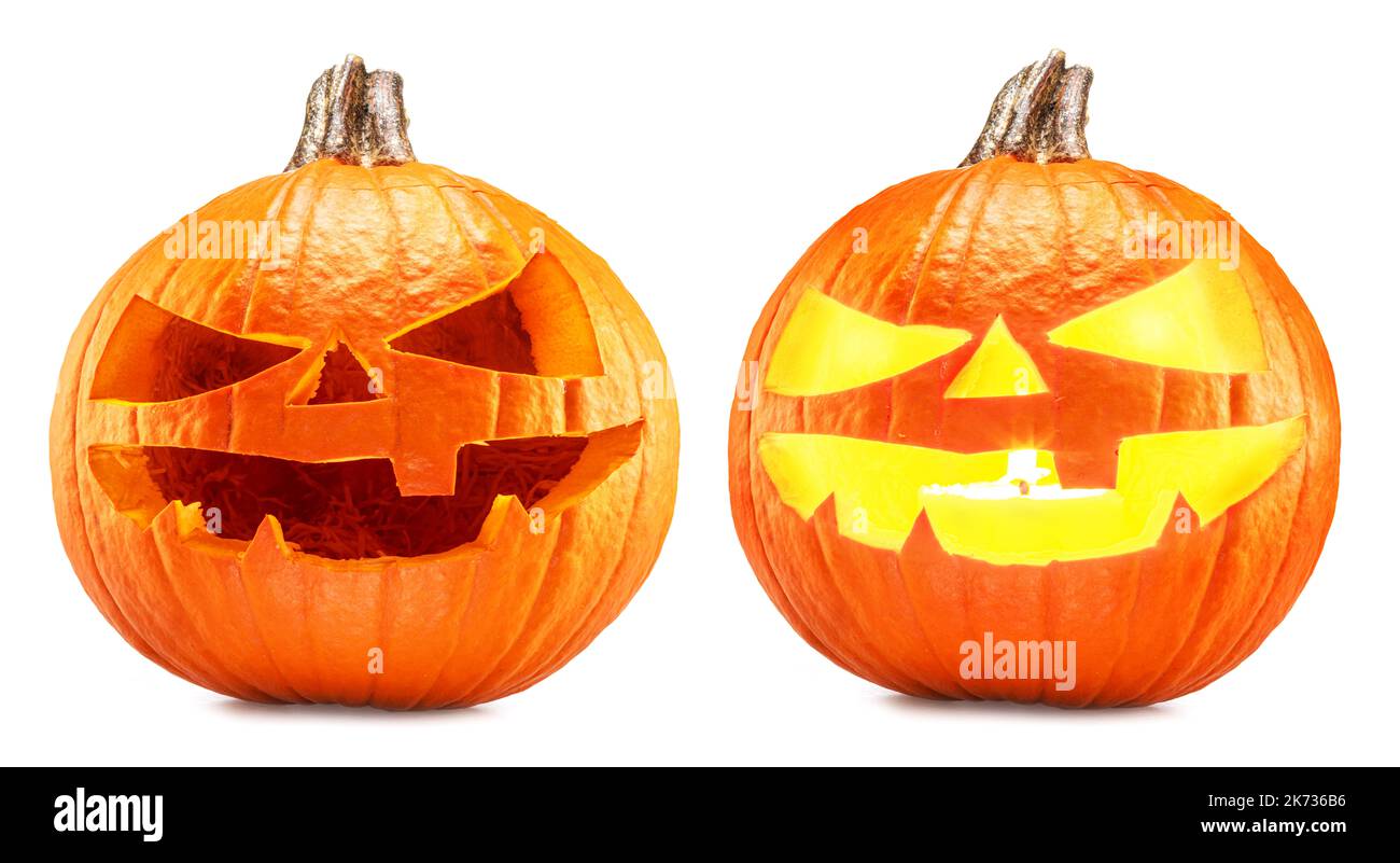 Carved pumpkins for Halloween jack-o'-lanterns with scary smiles and one with  burning candle inside isolated on white background. Stock Photo