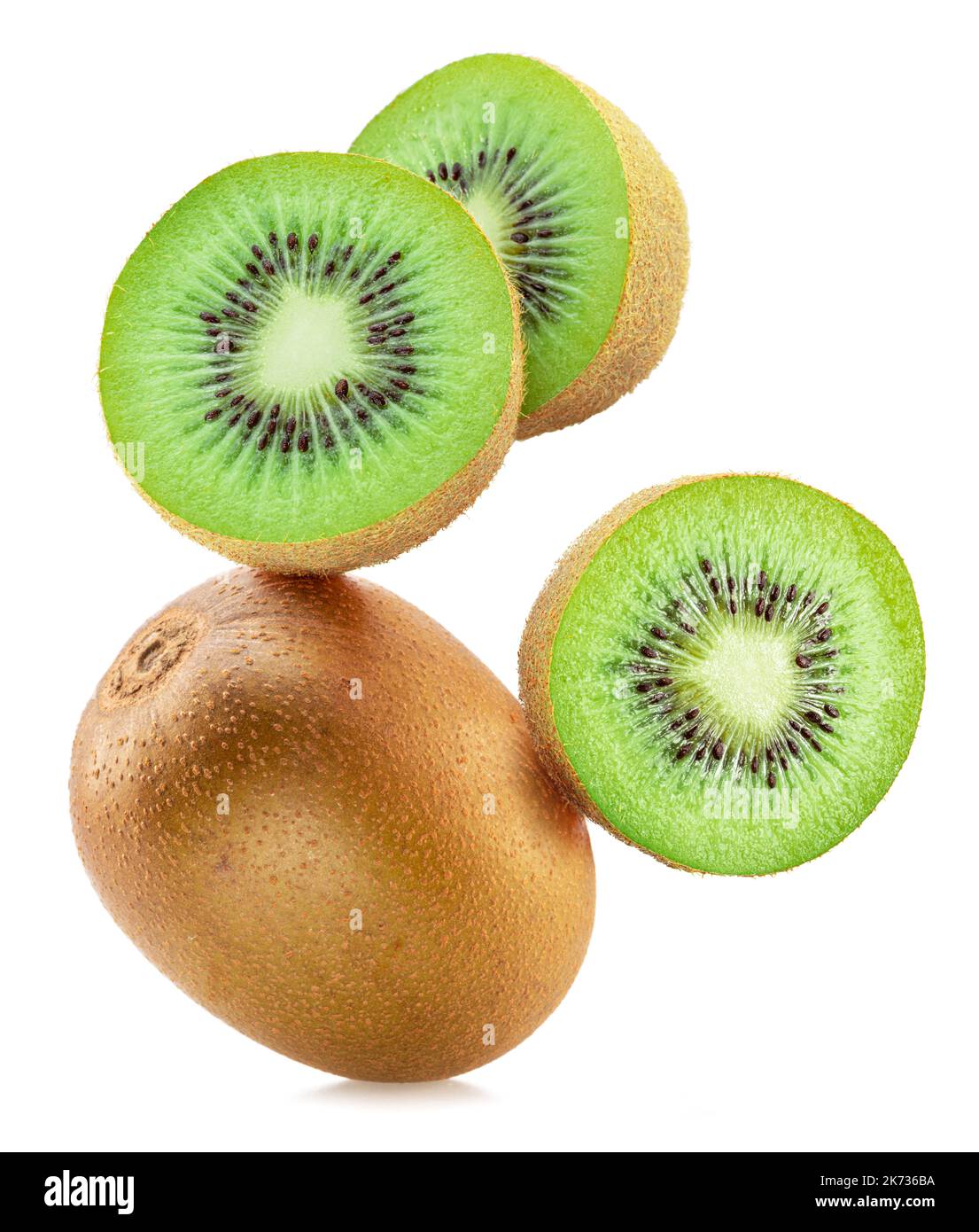 Kiwi fruits and kiwi slices flying in air isolated on white background