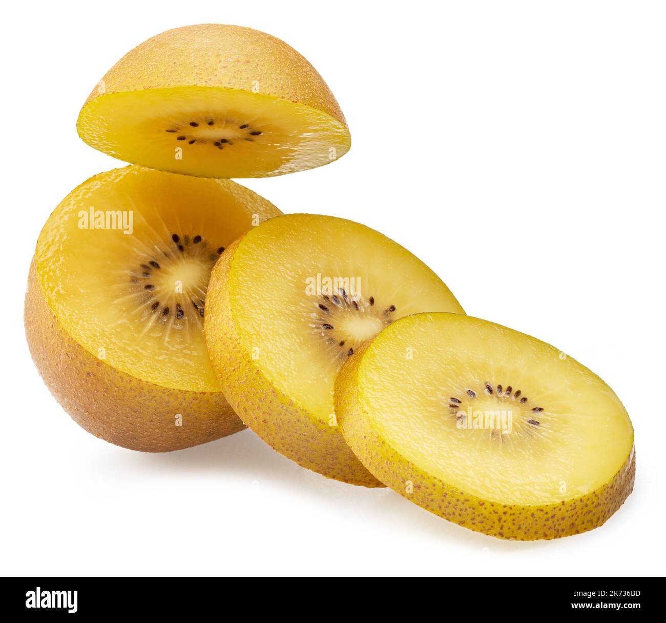 Golden kiwi fruit slices isolated on white background. Stock Photo