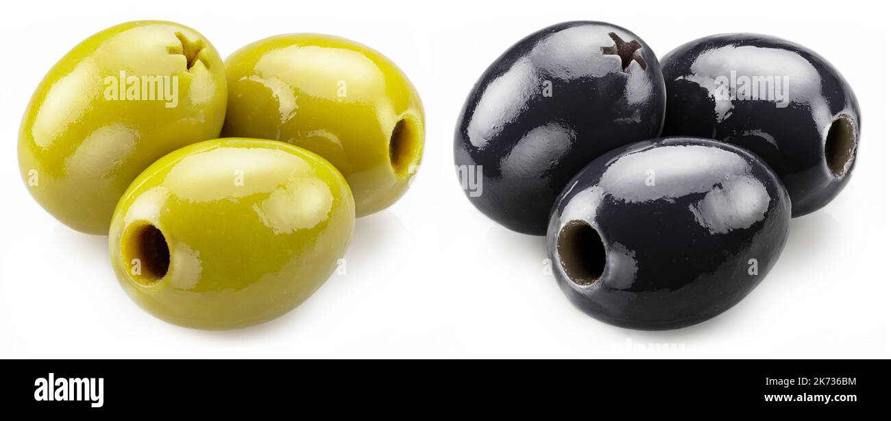 Green and black pitted olives isolated on white background. Stock Photo