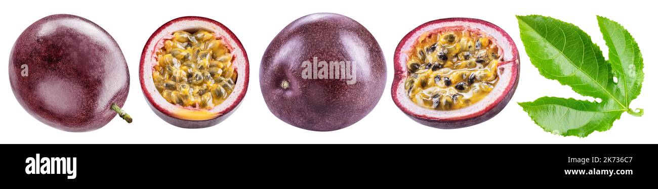 Dark purple passion fruits and half of fruits with seedly flesh on white background.  File contains clipping paths. Stock Photo