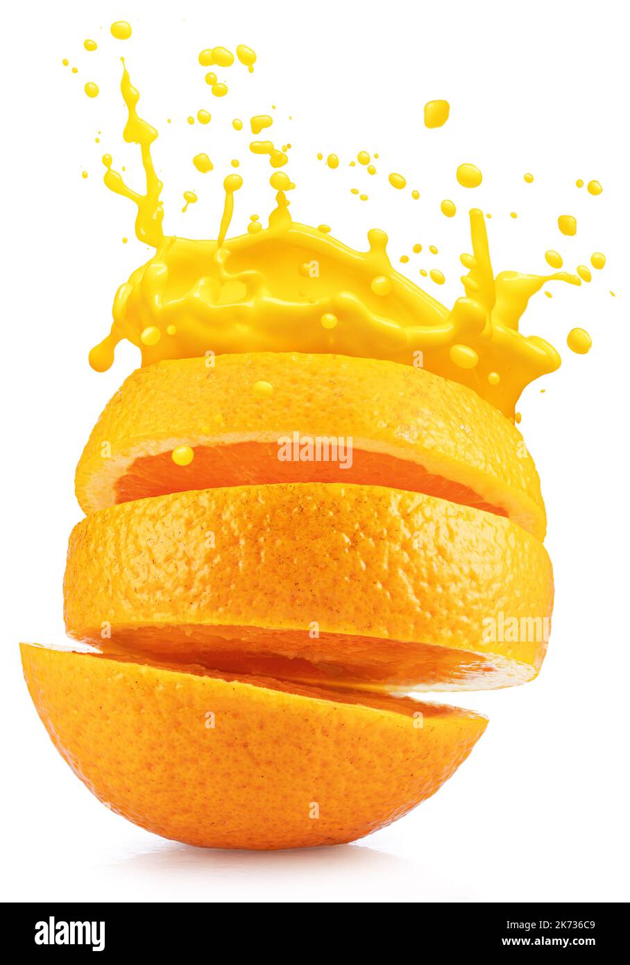 Sliced orange fruit with splash of juicy crown on white background. Conceptual food and drink picture. Stock Photo
