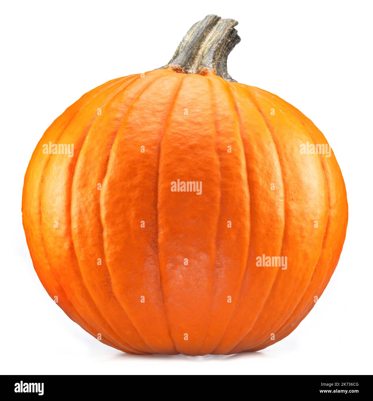 Orange round pumpkin, symbol of Halloween isolated on white background. Stock Photo