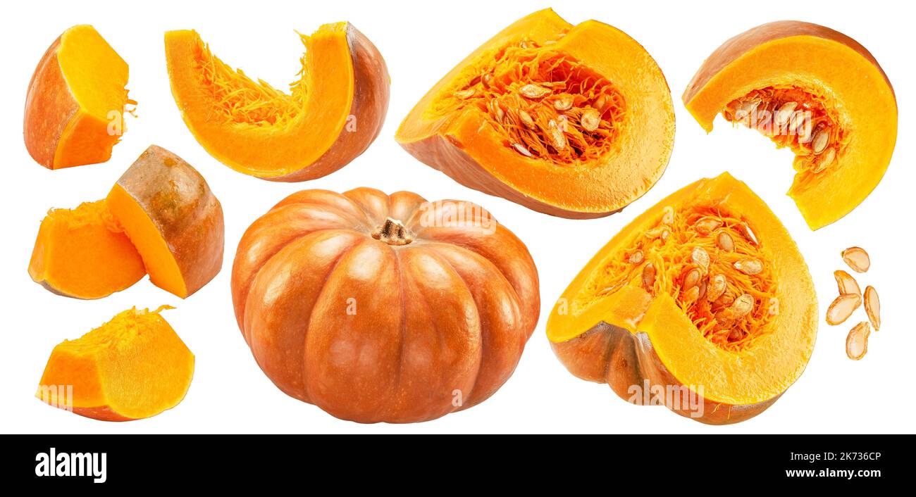 Orange round pumpkins and pumpkin slices and seeds isolated on white background. File contains clipping paths. Stock Photo