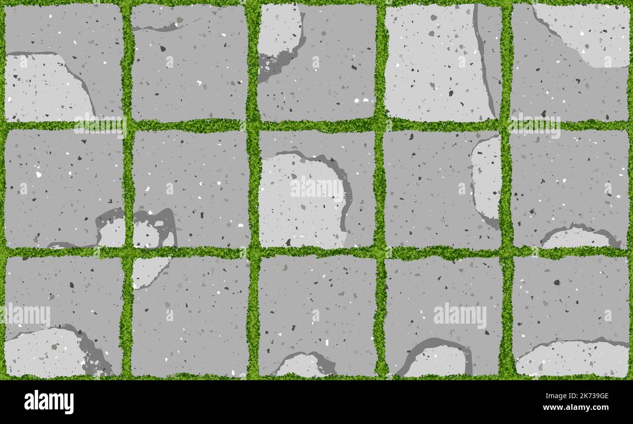 Seamless texture of old pavement with moss and concrete square cracked old bricks Stock Vector