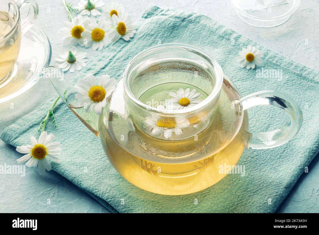 Chamomile tea. Camomile infusion in a teapot, natural remedy. Loose daisy flowers for brewing Stock Photo