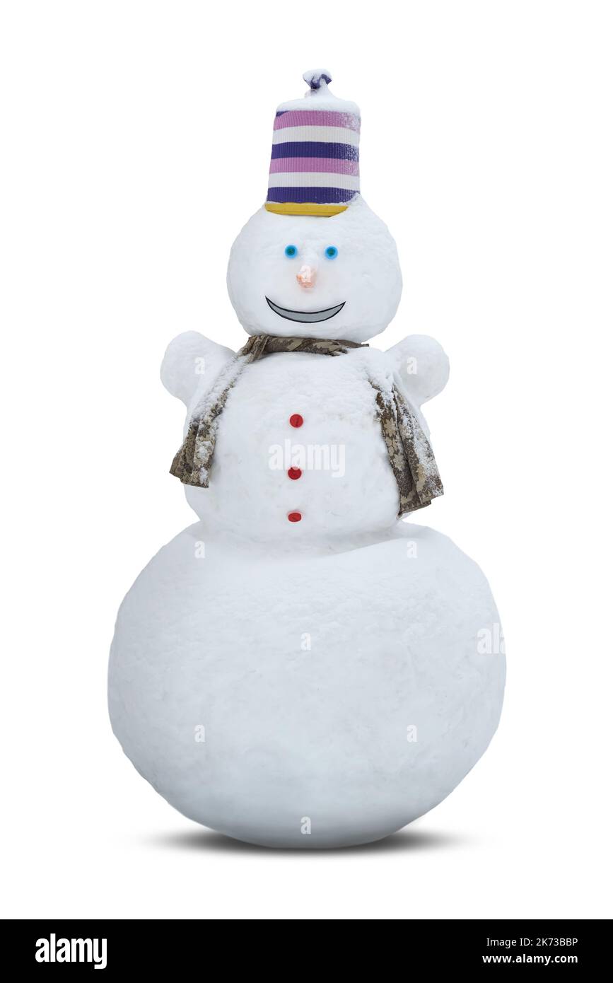 Big snowman on a white isolated background. Stock Photo