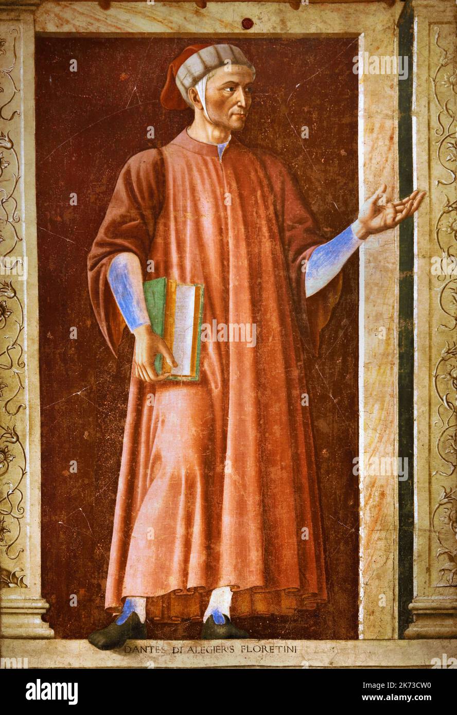 The fresco of Dante Alighieri,1450, painted by Andrea del Castagno,1420 - 1457, Florence, Italy, Dante Alighieri was an Italian, poet, writer and philosopher, His Divine Comedy, ) Stock Photo
