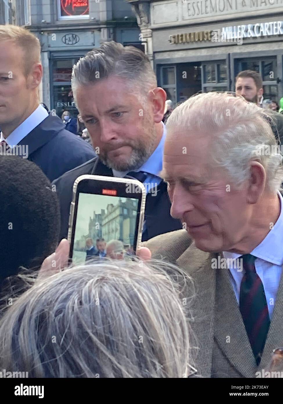 ABERDEEN. SCOTLAND - 17 OCTOBER 2022: King Charles III outside the Townhouse and on walkabout in the city Credit: Douglas MacKenzie/Alamy Live News Stock Photo