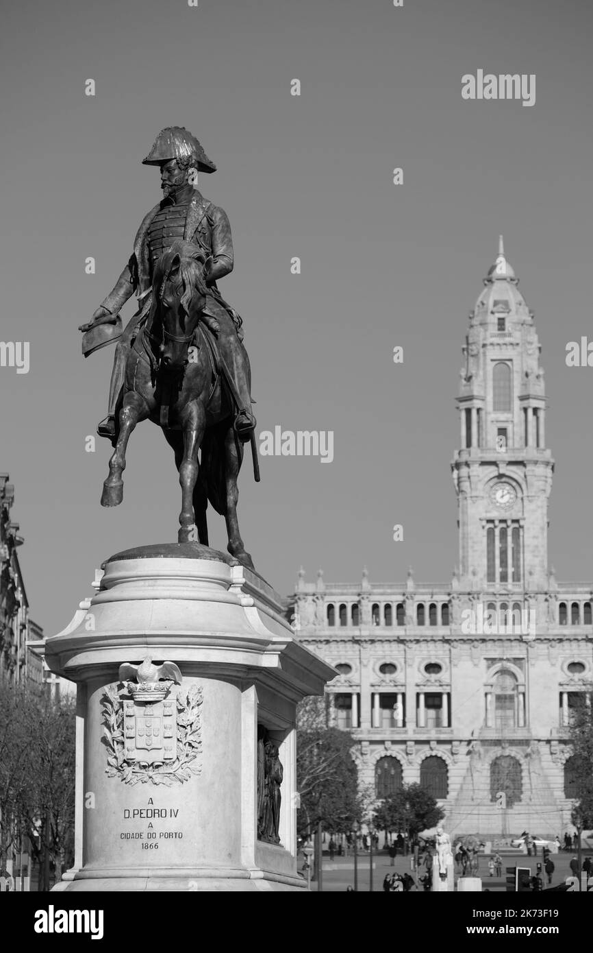 Equestrian statue of Dom Pedro IV, Aliados Avenue with City Hall Stock