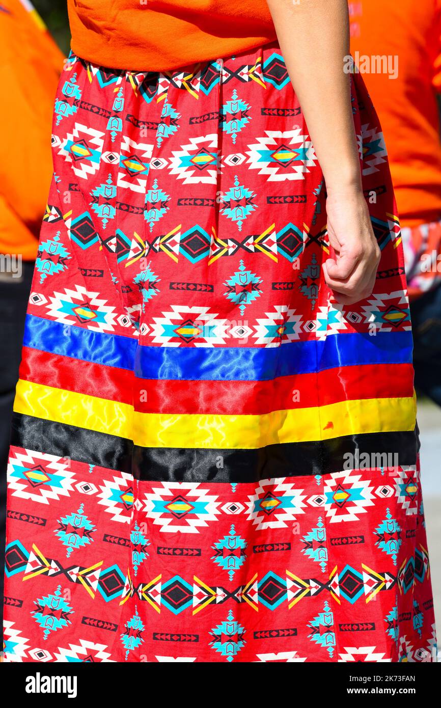 Indigenous skirt patterns, skirt worn by an Indigenous woman, Montreal, Canada Stock Photo