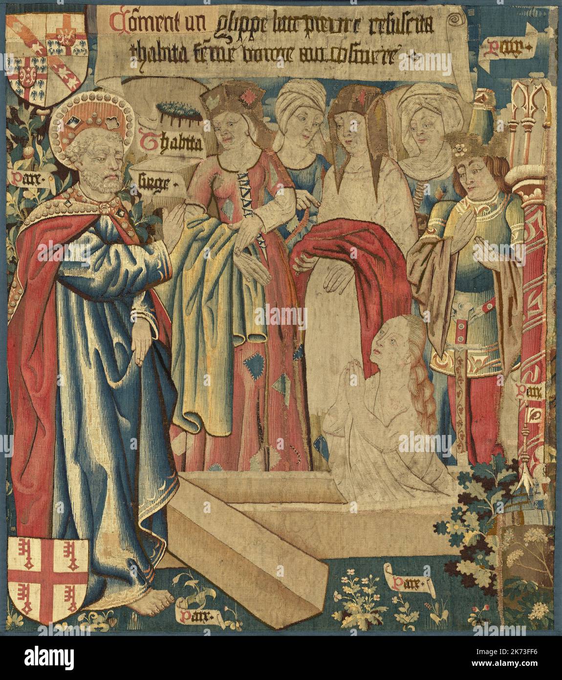 Anonymous Dutch - The Raising of Tabitha, c. 1460 - tapestry: undyed wool warp, dyed wool and silk weft Stock Photo