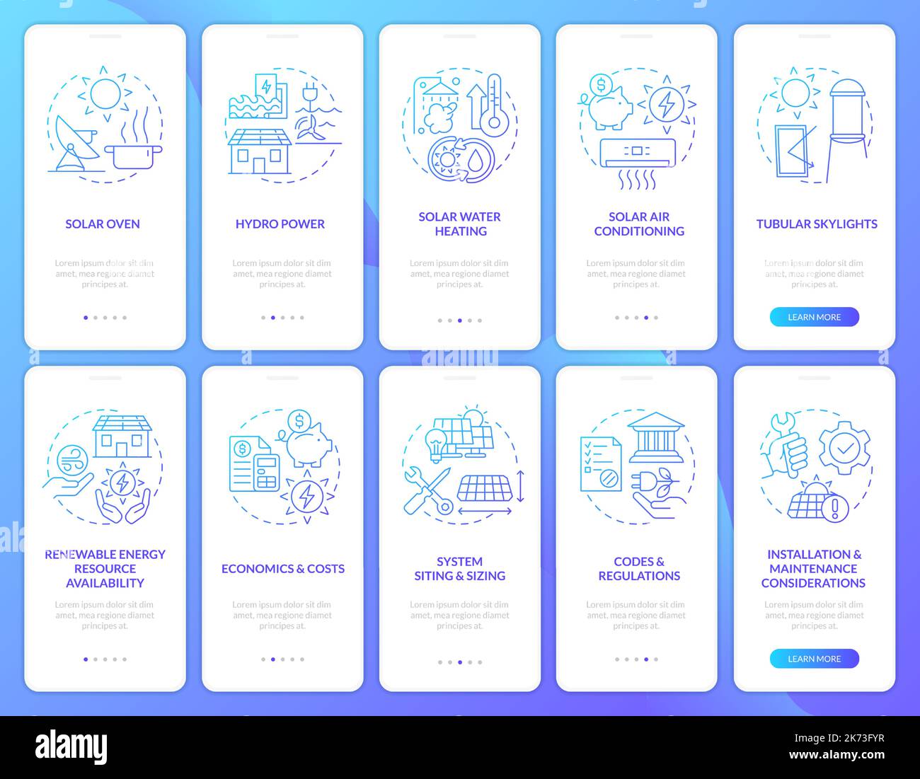 Provide alternative power blue gradient onboarding mobile app screen set Stock Vector