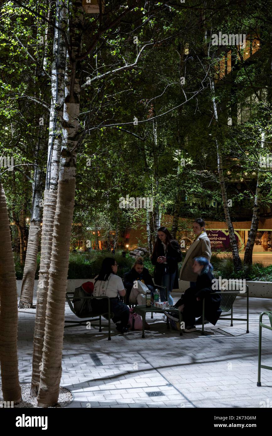 Seating area below trees with cool white dappled lighting. Exchange Square, London, United Kingdom. Architect: DSDHA, 2022. Stock Photo