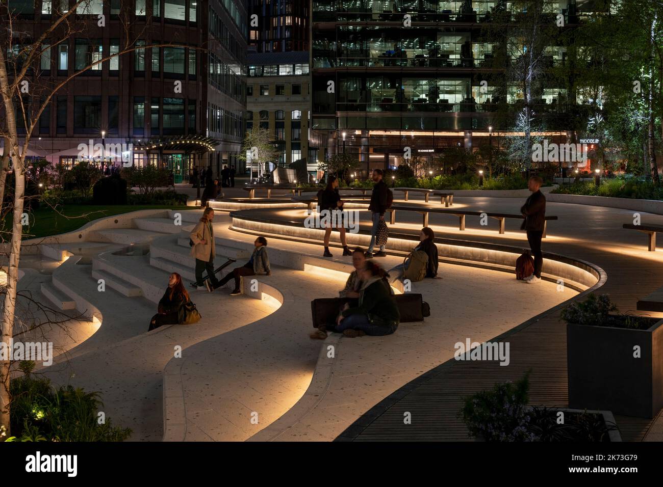 View of steps/seating with integrated lighting. Exchange Square, London, United Kingdom. Architect: DSDHA, 2022. Stock Photo