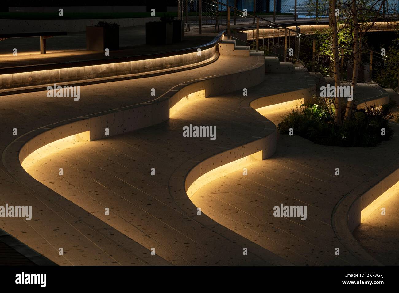 View of steps/seating with integrated lighting. Exchange Square, London, United Kingdom. Architect: DSDHA, 2022. Stock Photo