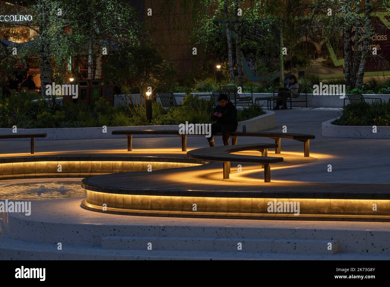 Seating and steps with integrated lighting. Exchange Square, London, United Kingdom. Architect: DSDHA, 2022. Stock Photo