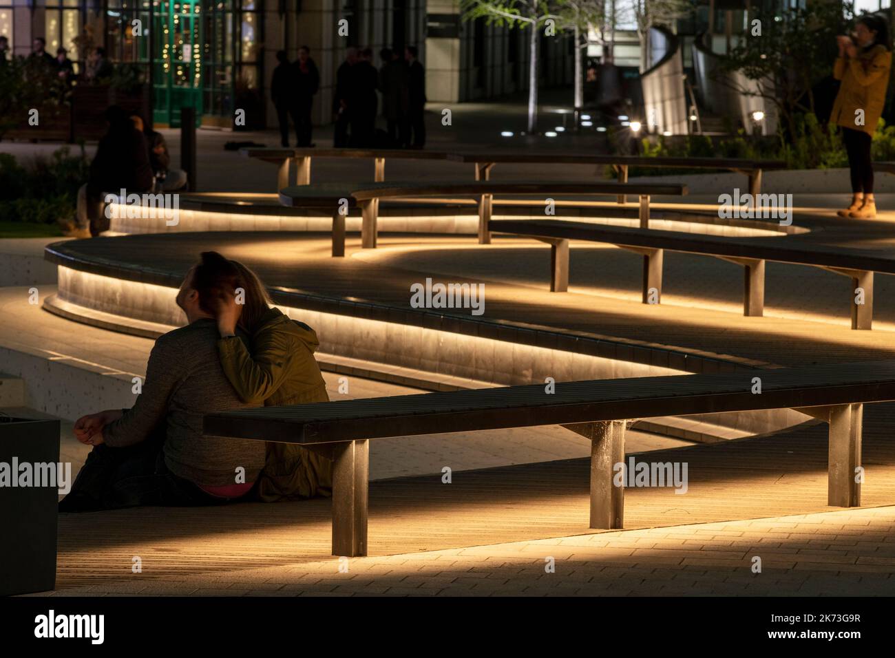 Seating and steps with integrated lighting. Exchange Square, London, United Kingdom. Architect: DSDHA, 2022. Stock Photo