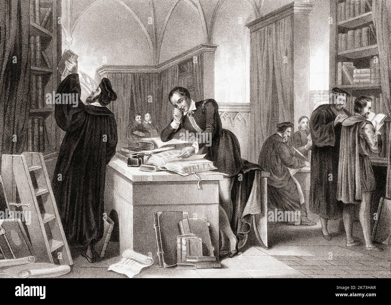 A young Martin Luther, 1483 - 1546, studying the Bible in the library of the University of Erfurt which he attended from 1501 until 1505.  After a 19th century work by an anonymous artist. Stock Photo