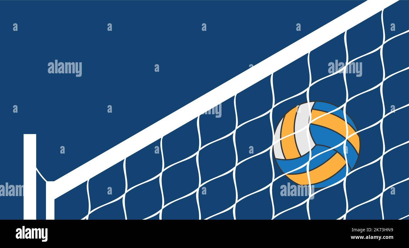 Volleyball court and net visible, volleyball ball flying in the air. Vector flat style