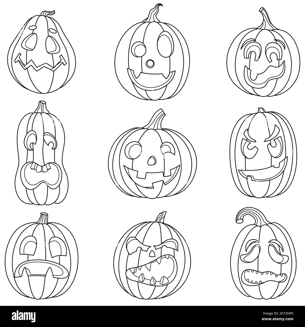 Set of linear icons with pumpkin faces. Simple illustrations for Halloween, Harvest Day, Thanksgiving, Fall Festival. Collection of isolated sketch clipart for design. Stock Vector