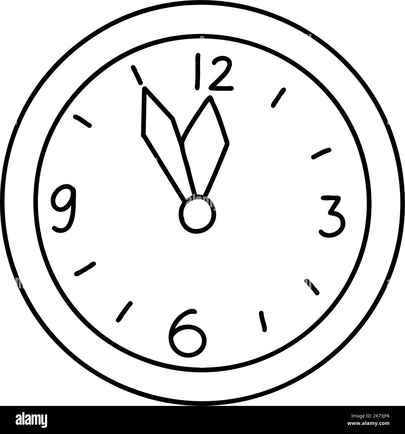 Doodle Christmas or New year clock shows five minutes to twelve. Cartoon element, vector sketch illustration, black outline art for web design, icon, Stock Vector