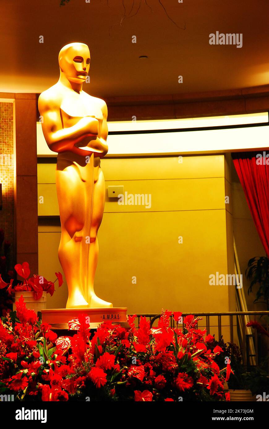 A large replica of an Oscar stands in the lobby of the Dolby Theater, in Hollywood, prior to the Academy Awards celebration of the movies Stock Photo