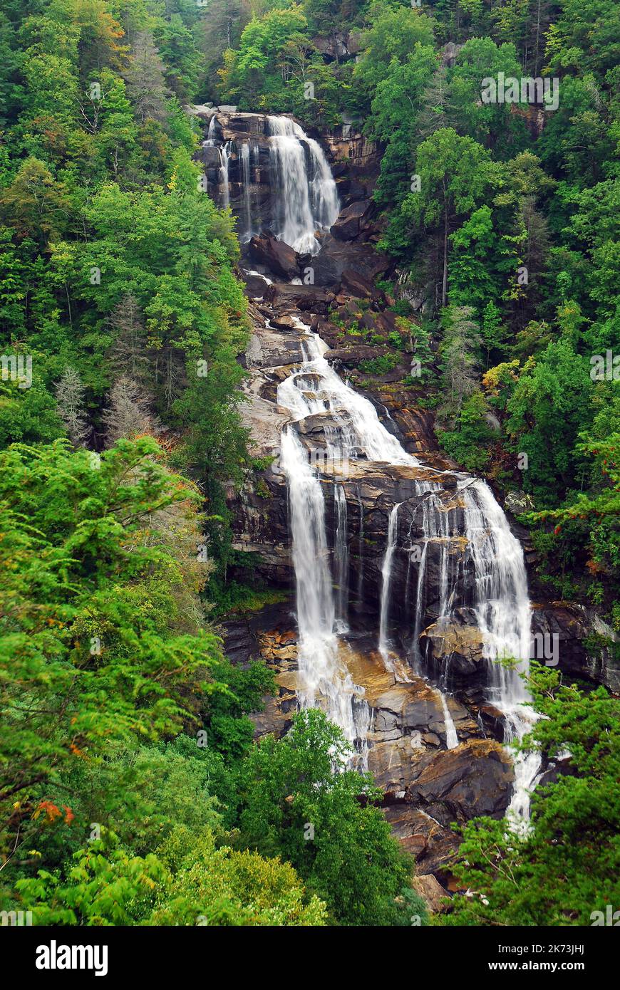 Dry Falls flows gently into a cascade in the Nantahala National Forest