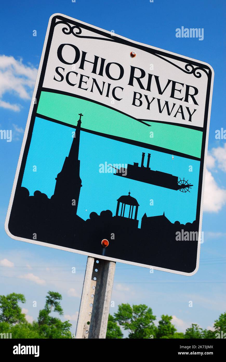 A road sign with a charming small town directs travelers on the Ohio River Scenic Byway, a road that connects quaint villages and pretty landscapes Stock Photo