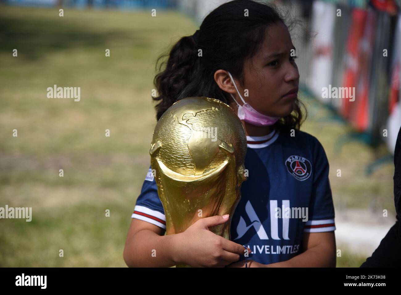 Mexico City, Mexico. 16th Oct, 2022. October 16, 2022, Mexico City, Mexico: A visitor attends the opening of the FIFA World Cup trophy Tour. on October 16, 2022 in Mexico City, Mexico. (Photo by Marco Rodríguez/Eyepix Group/Sipa USA) Credit: Sipa USA/Alamy Live News Stock Photo