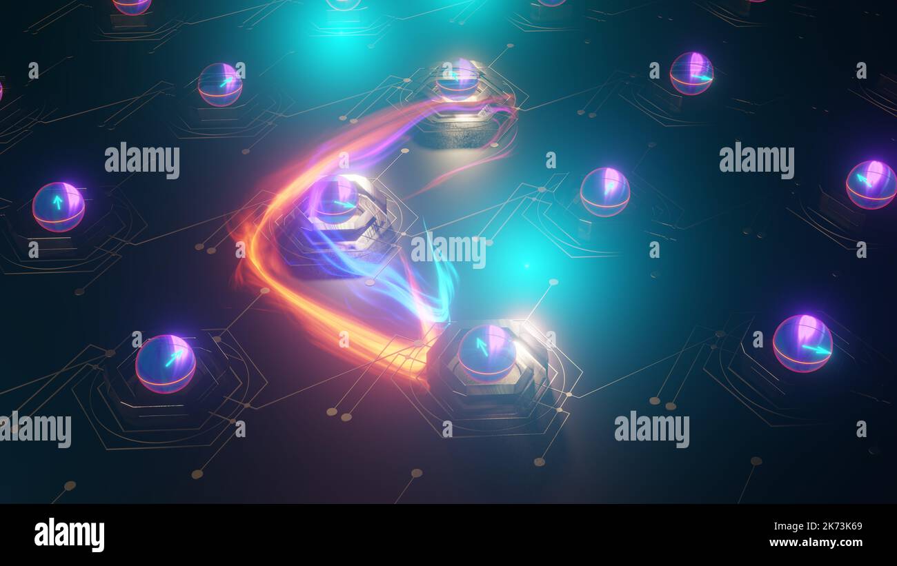 Inside quantum PC. Quantum computing, circuit at work - superposition and entanglement, qubit states represented by Bloch spheres, 3D rendering Stock Photo
