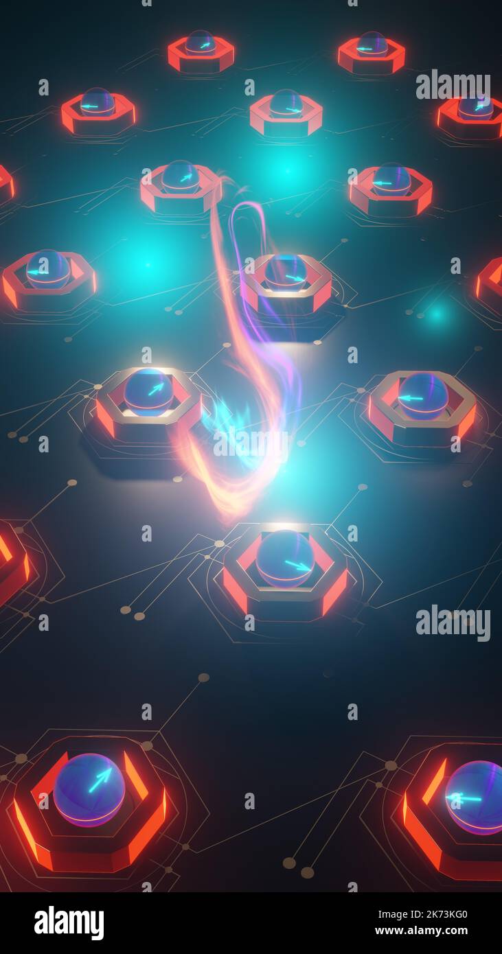 Inside quantum PC. Quantum computing, circuit at work - superposition and entanglement, qubit states represented by Bloch spheres, 3D rendering, 16x9 Stock Photo