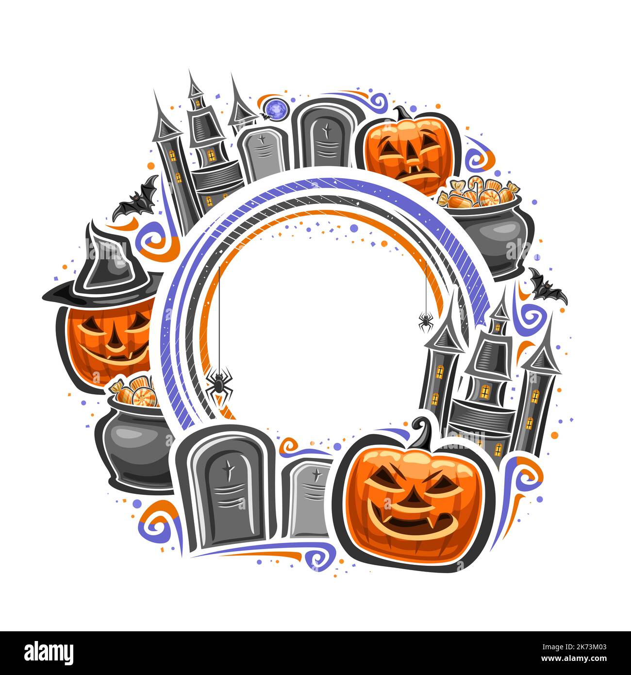 Vector frame for Halloween with blank copy space for greeting text, decorative sign with carved eerie halloween jack-o-lantern in hat, mystical castle Stock Vector