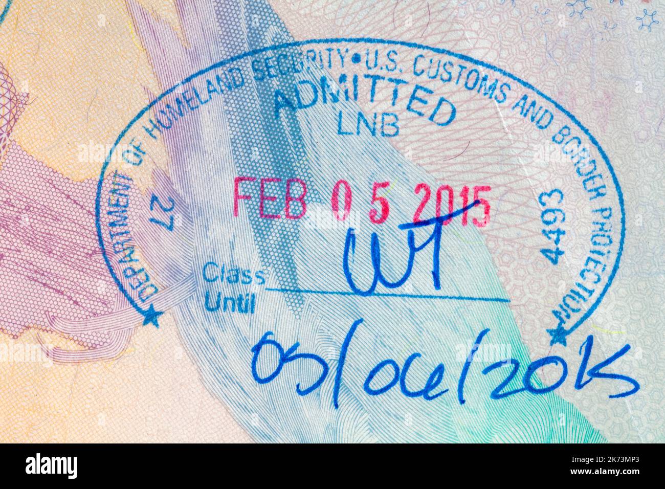 Department of Homeland Security US Customs and Border Protection Admitted LNB Long Beach, CA - stamp in British passport Feb 05 2015 Stock Photo