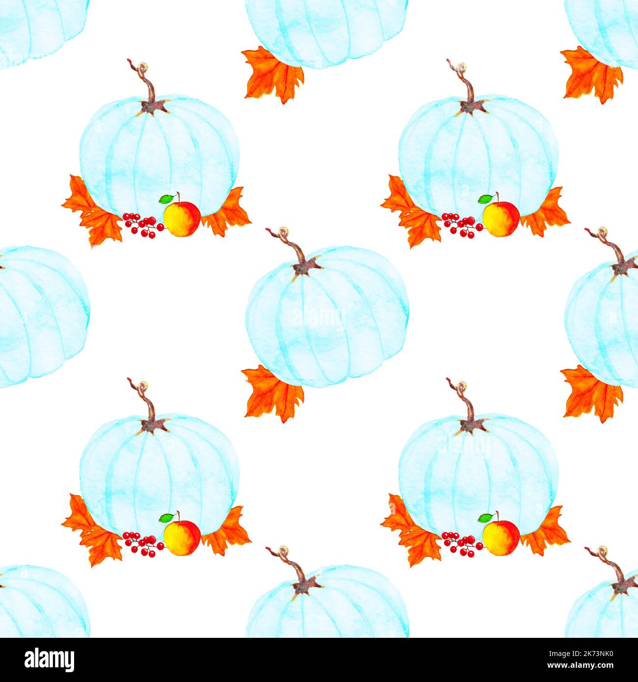 Thanksgiving day background, seamless background with blue watercolor pumpkins and autumn leaves, watercolor raster Thanksgiving seamless illustration Stock Photo