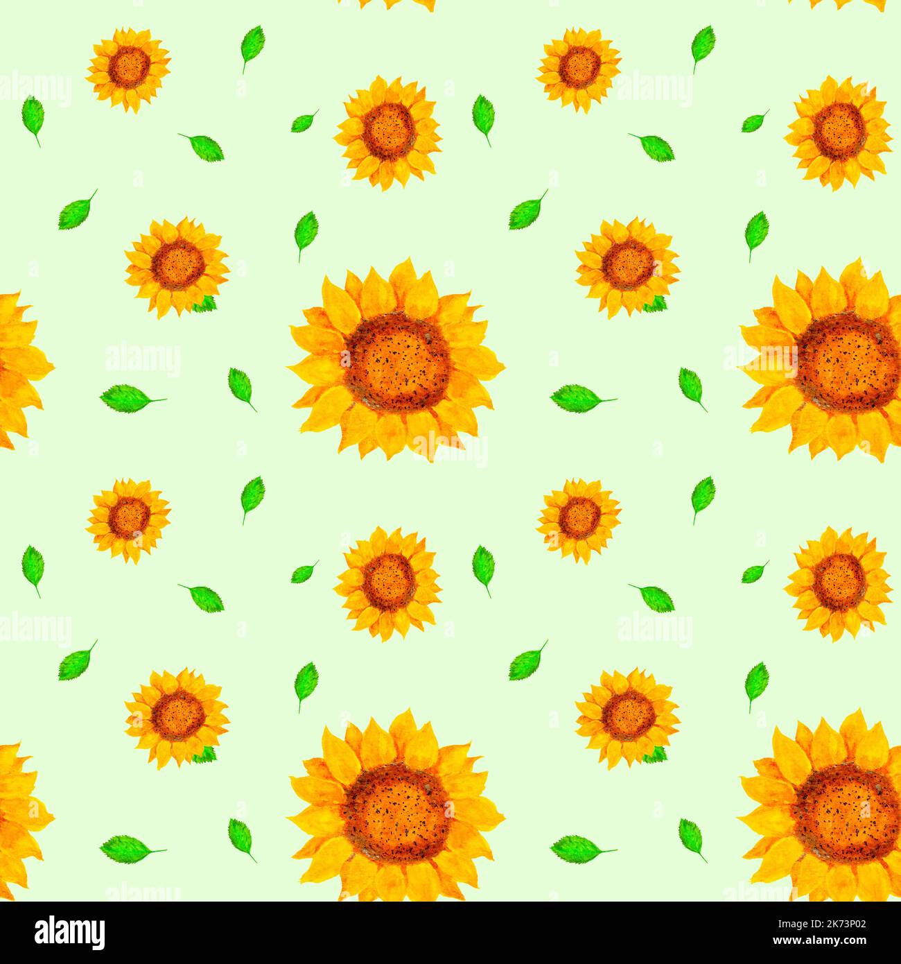 Sunflowers background, seamless watercolor background with sunflowers and green leaves, watercolor raster seamless illustration for Thanksgiving day a Stock Photo