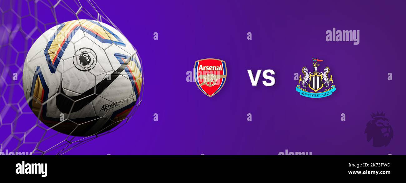 Guilherand-Granges, France - October 17. Premier League of England. Soccer ball in net with official logo of the Premier League. Match : Arsenal FC VS Stock Photo