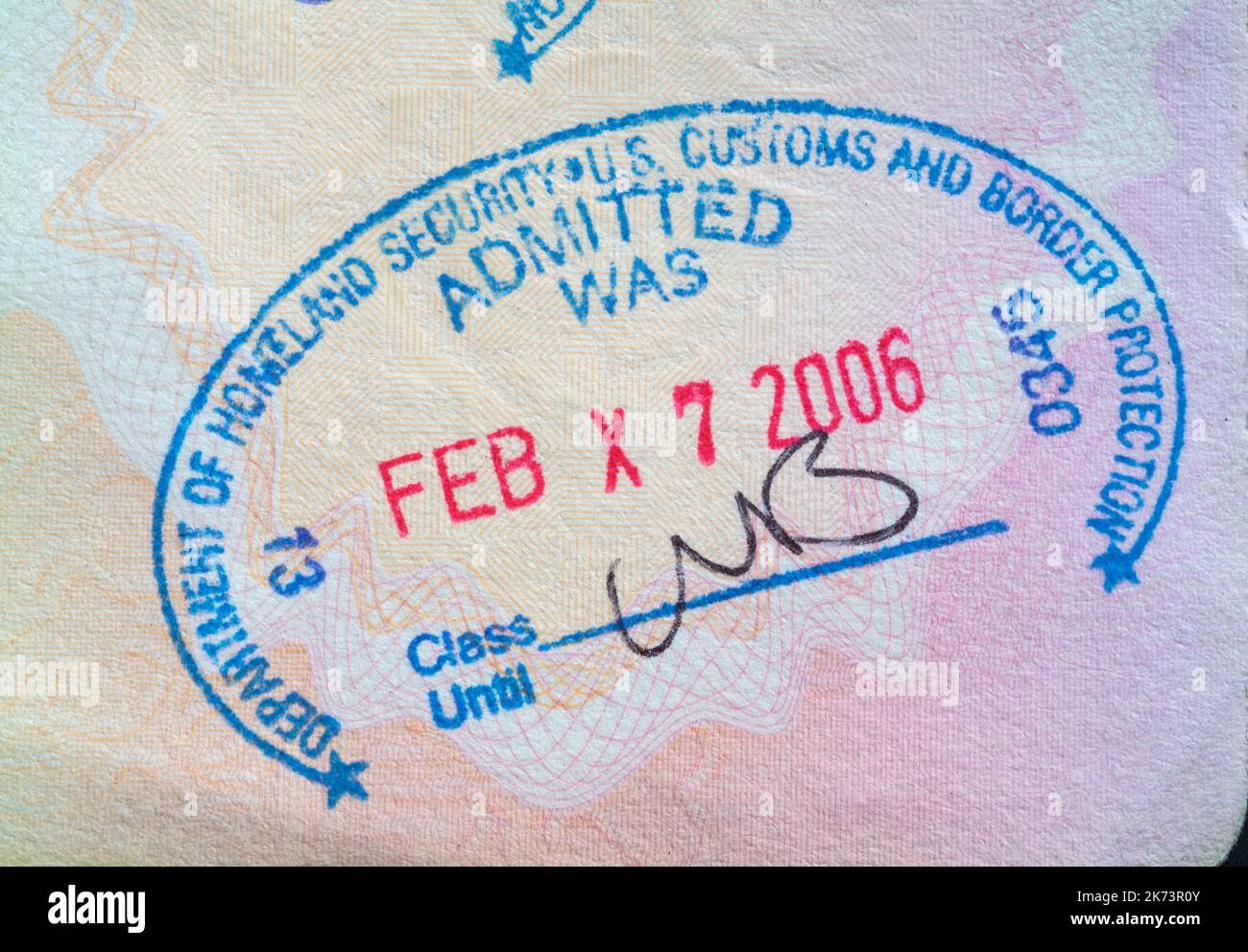 Department of Homeland Security US Customs and Border Protection Admitted WAS Washington, DC - stamp in British passport Feb X7 2006 Stock Photo